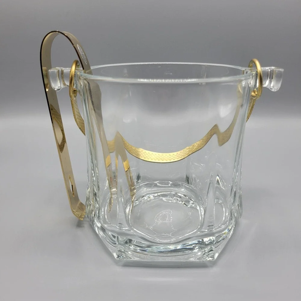 Vintage Shiah Yih Heavy Clear Glass Ice Bucket Gold Tone Tongs and Handle Taiwan